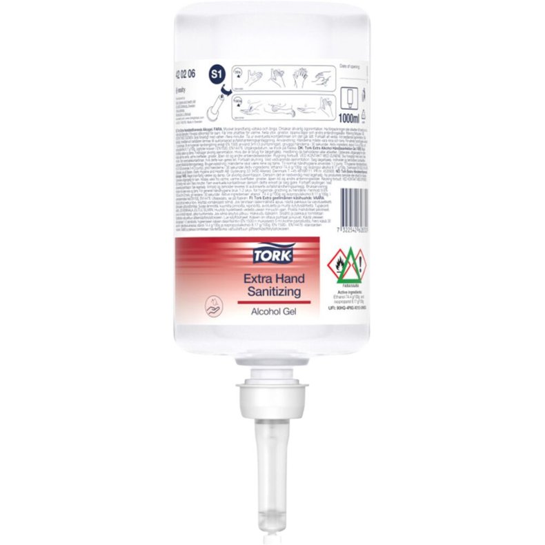 H�nddesinfektionsgel, Tork, 1000 ml, S1, 80% ethanol,1,0 ml pr. dosering