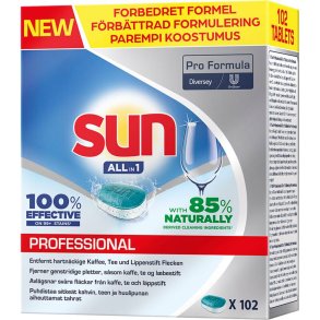 Opvasketabs, Sun Professional, all-in-one, vandopl�selig folie, uden klor, med farve, uden parfume, 102 stk.