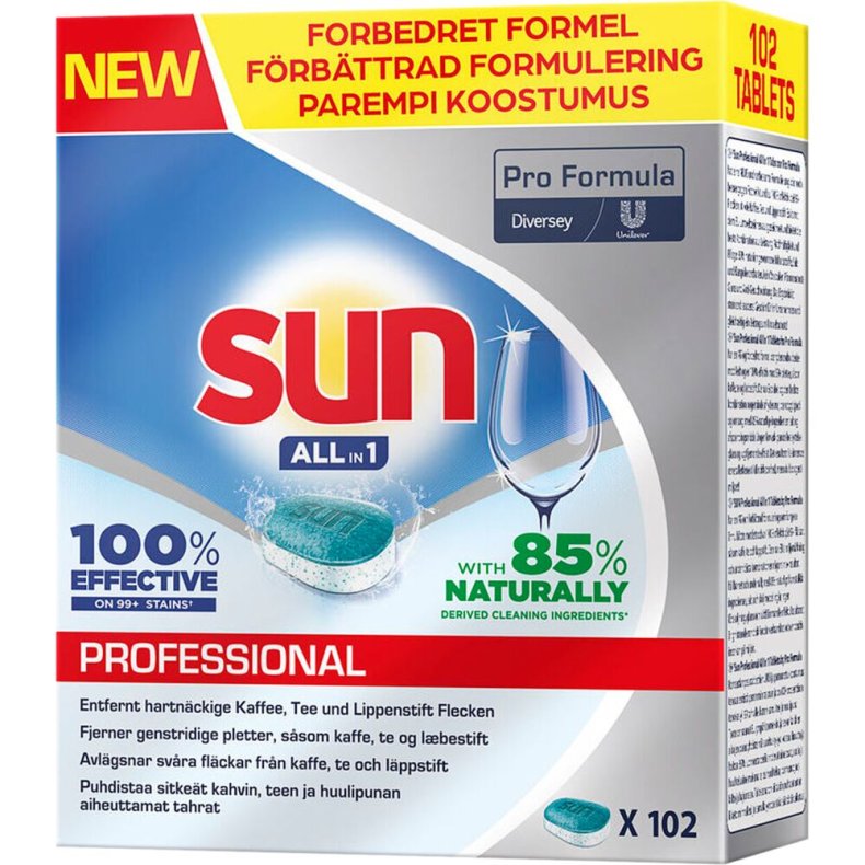 Opvasketabs, Sun Professional, all-in-one, vandopl�selig folie, uden klor, med farve, uden parfume, 102 stk.