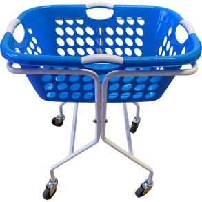 Vaskerivogn, 640x460x750mm, 50 l, hvid, jern, med h�ndtag og 4 hjul, firkantet bl� kurv