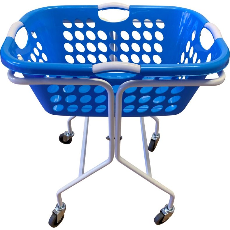 Vaskerivogn, 640x460x750mm, 50 l, hvid, jern, med h�ndtag og 4 hjul, firkantet bl� kurv