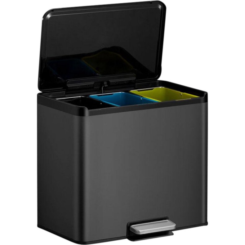 Pedalspand, EKO Essential, sort, rustfrit st�l, 3-rums, 3x9 l, plast inderspande, soft close, fingeraftryksfri *Denne vare tages ikke retur*