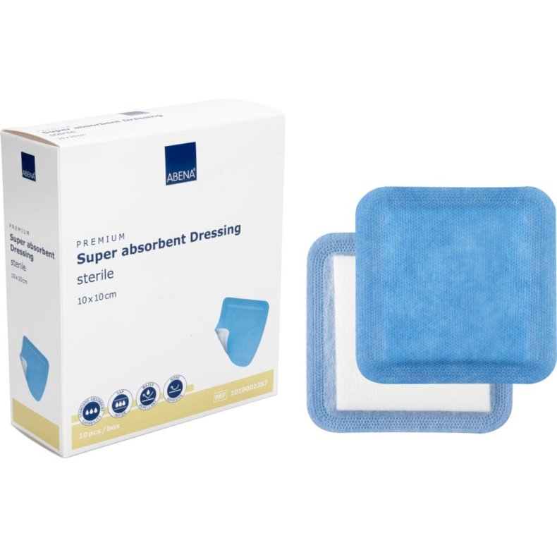 Superabsorberende bandage, ABENA, 10x10cm, hvid, m/bl� bagside, latexfri, steril, engangs *Denne vare tages ikke retur*