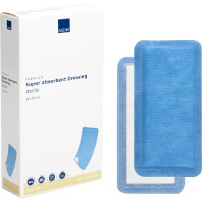 Superabsorberende bandage, ABENA, 10x20cm, hvid, m/bl� bagside, latexfri, steril, engangs *Denne vare tages ikke retur*