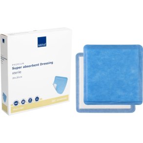 Superabsorberende bandage, ABENA, 20x20cm, hvid, m/bl� bagside, latexfri, steril, engangs *Denne vare tages ikke retur*