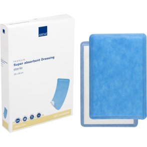 Superabsorberende bandage, ABENA, 20x30cm, hvid, m/bl� bagside, latexfri, steril, engangs *Denne vare tages ikke retur*