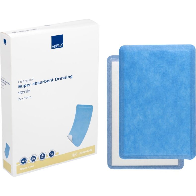 Superabsorberende bandage, ABENA, 20x30cm, hvid, m/bl� bagside, latexfri, steril, engangs *Denne vare tages ikke retur*