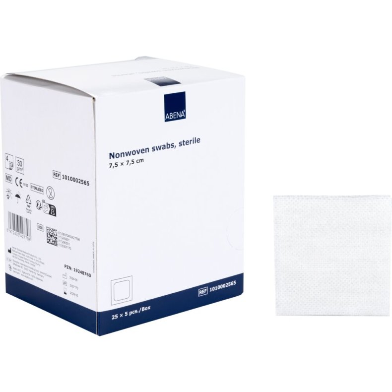 Nonwoven kompres, ABENA, 4-lags, 7,5x7,5cm, hvid, 5 stk./pouch, latexfri, steril *Denne vare tages ikke retur*