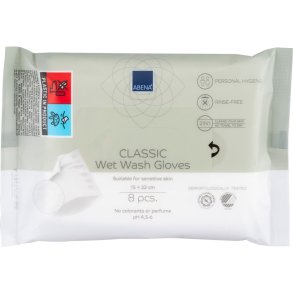 V�dvaskehandske, ABENA Classic, halv-fold, 22x15cm, Renrumsproduceret, 8stk, uden farve og parfume, vask uden vand, engangs