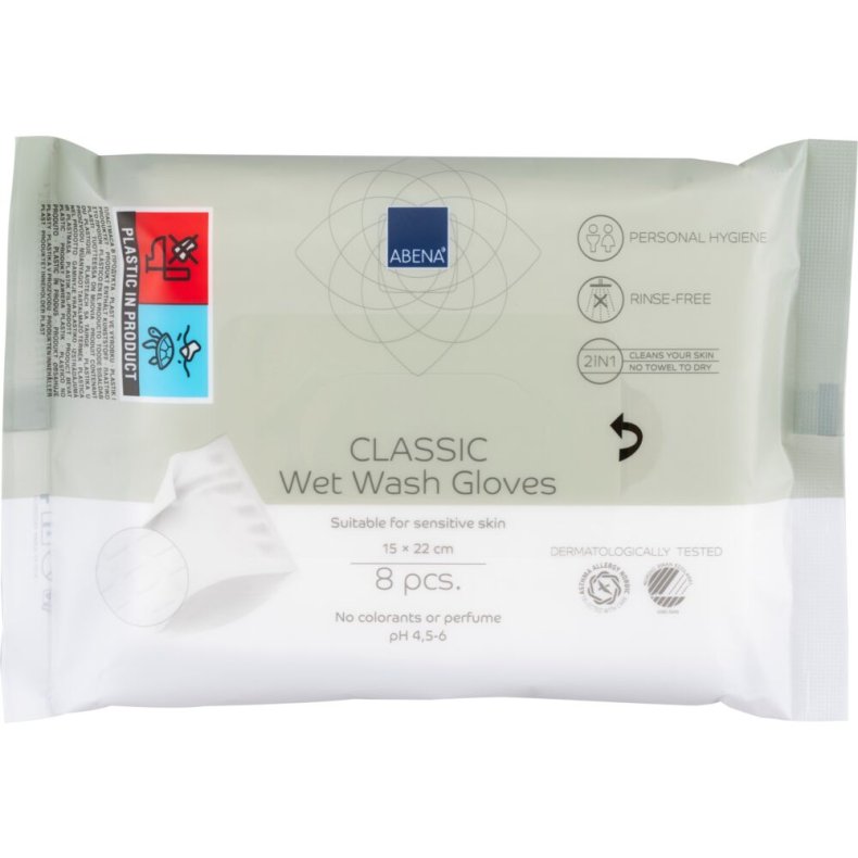 V�dvaskehandske, ABENA Classic, halv-fold, 22x15cm, Renrumsproduceret, 8stk, uden farve og parfume, vask uden vand, engangs