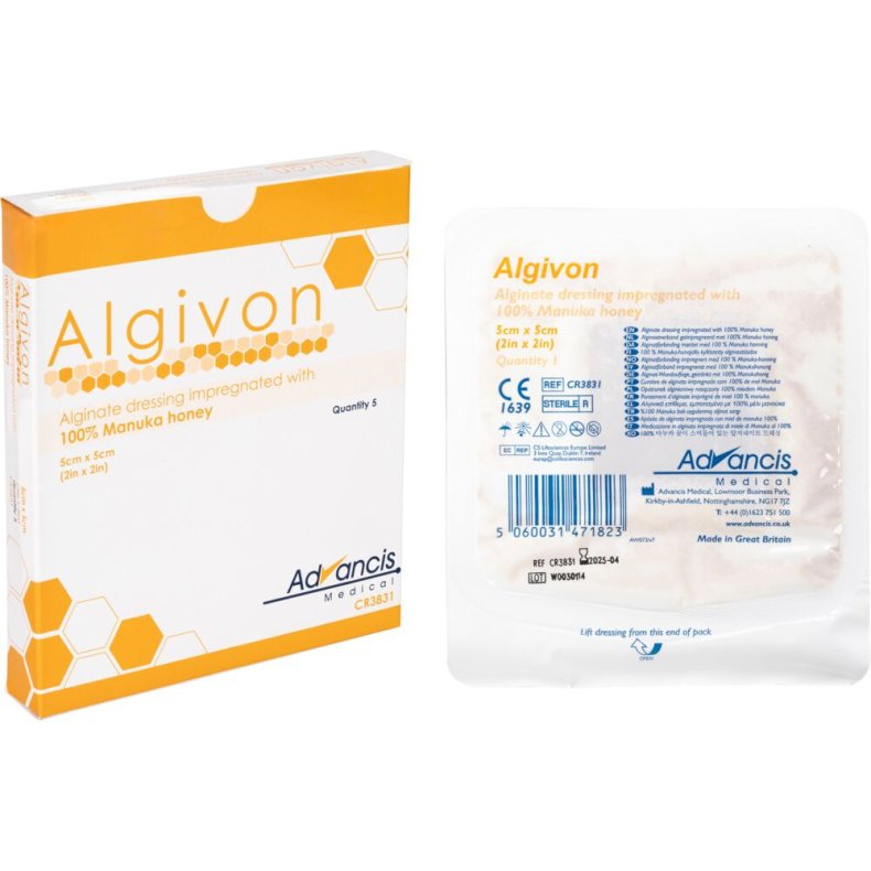 Honningbandage, Algivon, 5x5cm, beige, alginat, steril, engangs *Denne vare tages ikke retur*