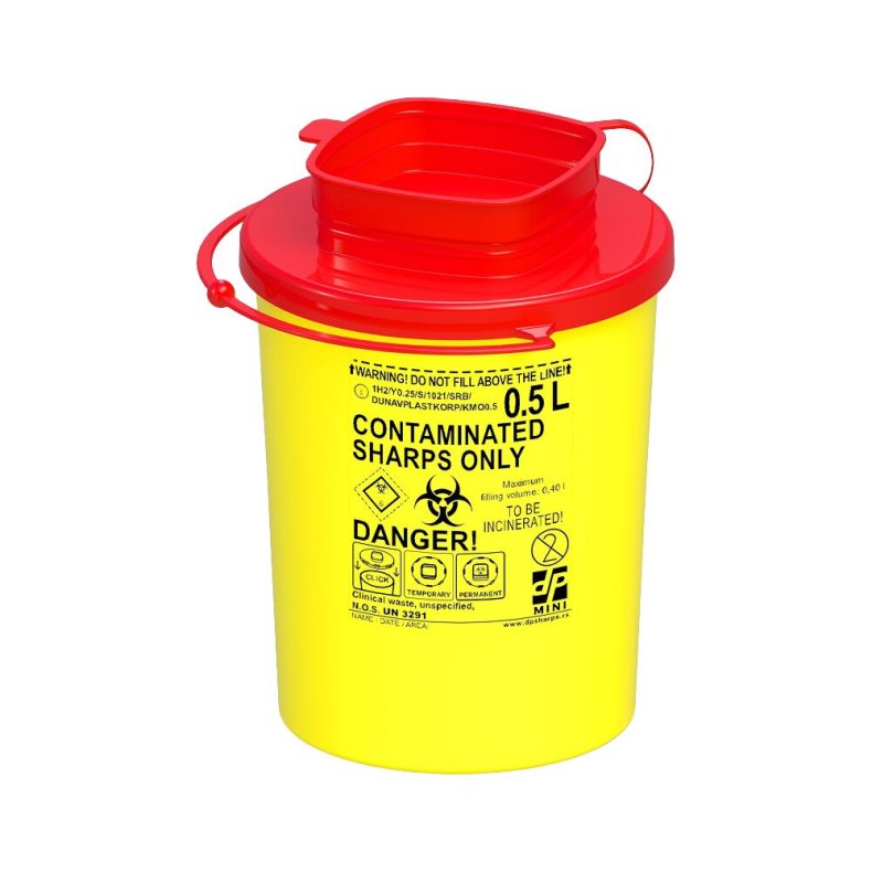 Kanyleboks, Sharps, 12,75cm, �7,63cm, 500 ml, gul, kanyleaftr�k, skrueanordning