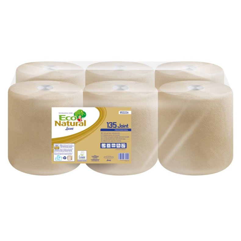 H�ndkl�derulle, Lucart T3 Natural, 2-lags, Midi, 140m x 19,9cm, �20cm, ubleget, genanvendt papir, med spiralhylse
