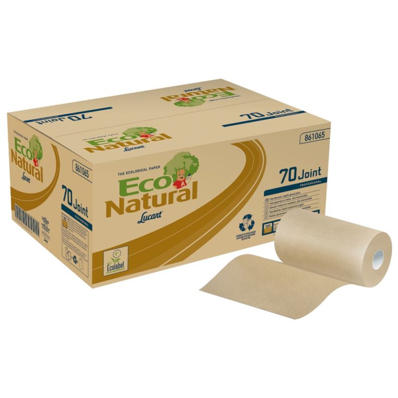 H�ndkl�derulle, Lucart T3 Natural, 2-lags, Mini, 70m x 22,8cm, �13cm, ubleget, genanvendt papir, med spiralhylse