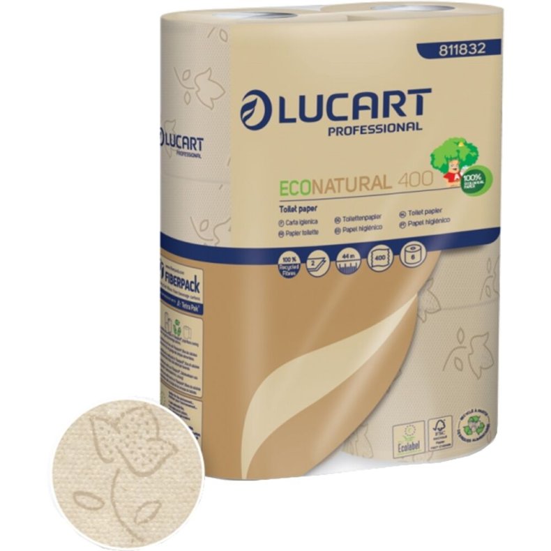 Toiletpapir, Lucart T3 Natural, 2-lags, 44m x 9,6cm, �12cm, ubleget, genanvendt papir