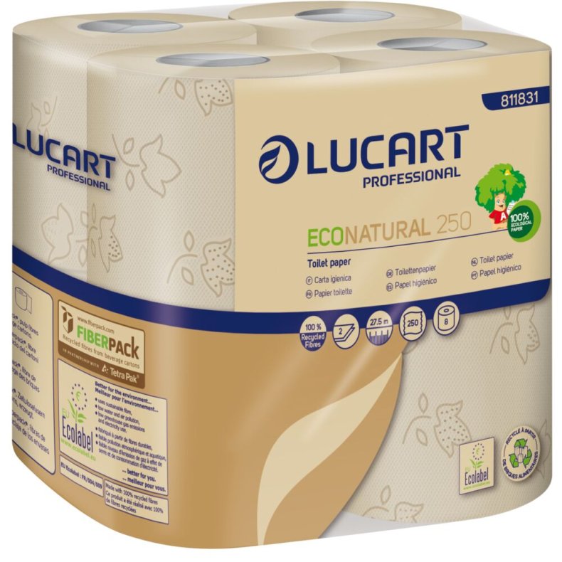 Toiletpapir, Lucart T3 Natural, 2-lags, 27,5m x 9,6cm, �10,3cm, ubleget, genanvendt papir