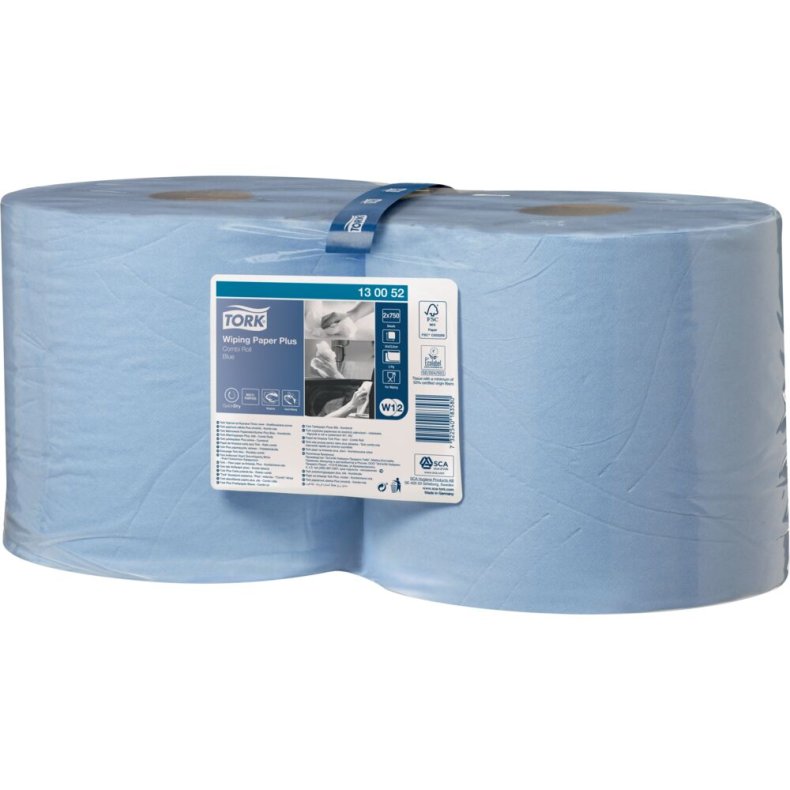 V�rkstedsrulle, Tork W1/W2, 2-lags, 255m x 23,5cm, �26,2cm, bl�, blandingsfibre