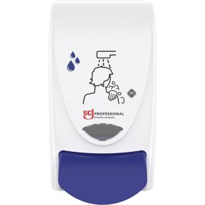 Dispenser, SCJ Professional Hair & Body, 1000 ml, hvid, manuel, med bl� knap,1,0 ml pr. dosering *Denne vare tages ikke retur*