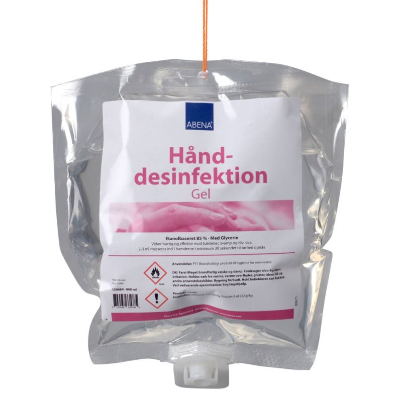 H�nddesinfektion gel, ABENA, 800 ml, 85% ethanol, pose refill, til dispenser