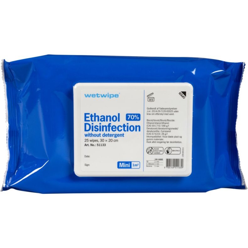 Overfladedesinfektion, Wet Wipe, Mini, 30x20cm, 70% ethanol, uden s�be