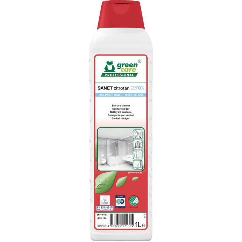 Sanitetsreng�ring, Green Care Professional SANET Zitrotan zero%, 1 l, sur/kalkh�mmende, uden farve og parfume