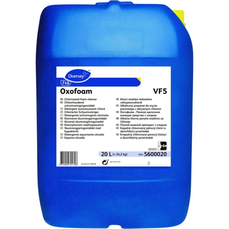 Skumreng�ring, Diversey Oxofoam VF5, 20 l, alkalisk/affedtende, med klor, uden farve og parfume *Denne vare tages ikke retur*