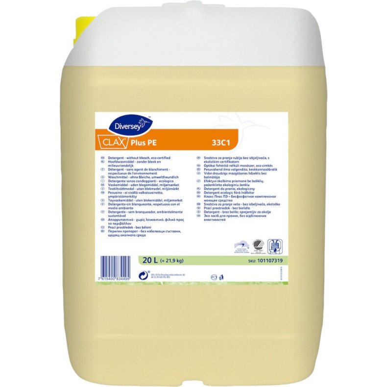 T�jvask, Diversey CLAX Plus Pur-Eco 33C1, 20 l, kul�rt og hvidt, uden farve og parfume