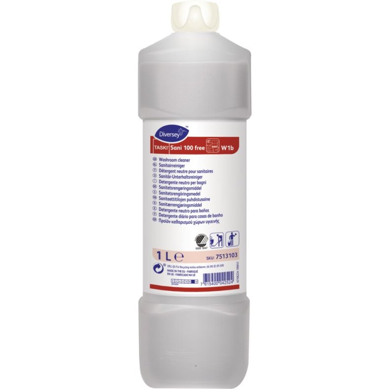 Sanitetsreng�ring, Diversey TASKI Sani 100 Free W1b, 1 l, alkalisk/affedtende, uden farve og parfume