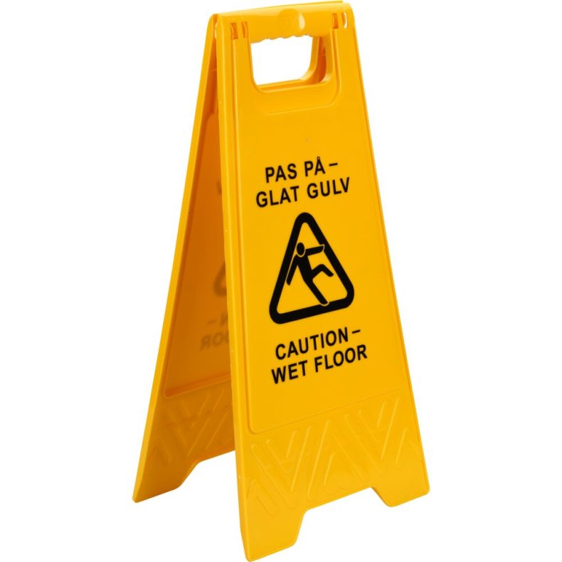 Advarselsskilt, 60x30cm, gul, plast, 2-sidet, med tekst "Pas p� - Glat gulv"