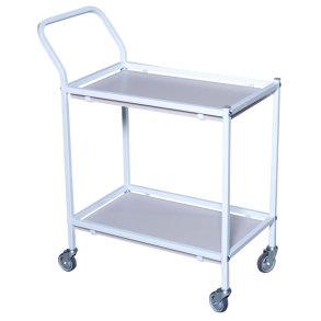 Rullebord, Tina Trolleys, 750x390x920mm, hvid, pulverlakeret st�l, med styr, 2 hylder, slingrekant, lille *Denne vare tages ikke retur*