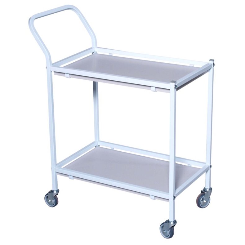 Rullebord, Tina Trolleys, 750x390x920mm, hvid, pulverlakeret st�l, med styr, 2 hylder, slingrekant, lille *Denne vare tages ikke retur*