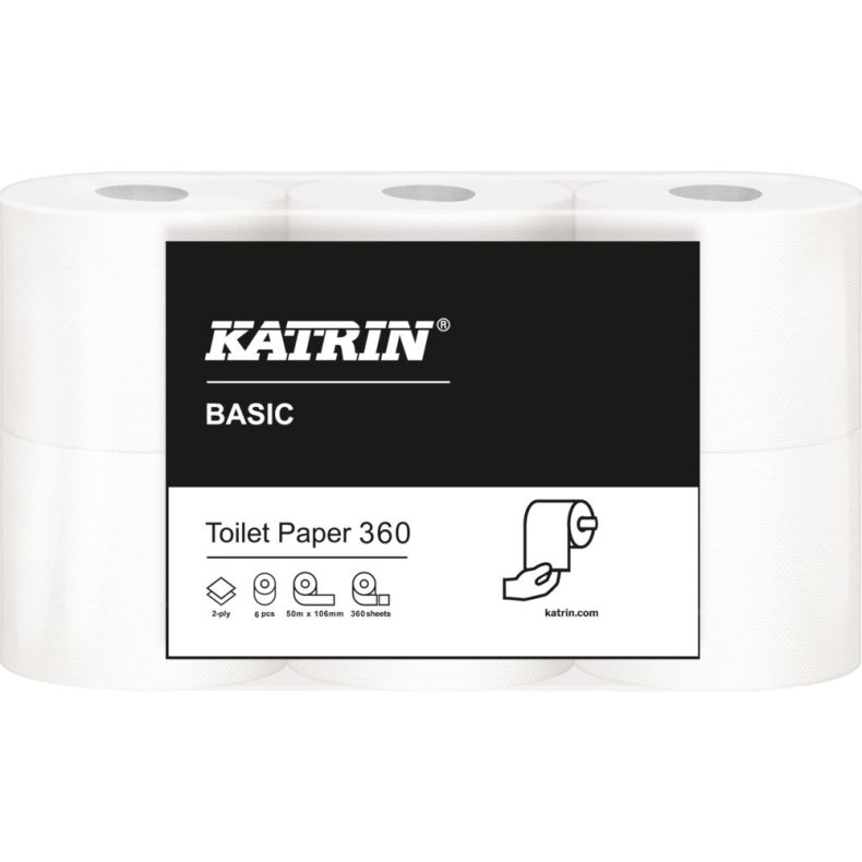 Toiletpapir, Katrin Basic, 2-lags, 50,4m x 10,6cm, �12cm, ubleget, genanvendt papir
