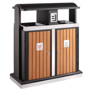 Udend�rs affaldsspand, V-Part, sort, st�l/tr�, 2-rums, 2x50 l, med l�ger i tr�look, inderspand i metal, ildd�mpende, forberedt til jordmontering inkl. materiale til montering og n�gle *Denne vare tages ikke retur*