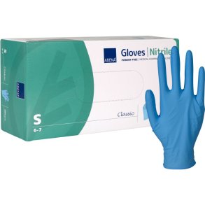 Unders�gelseshandske, ABENA Classic, S, bl�, nitril, pudderfri