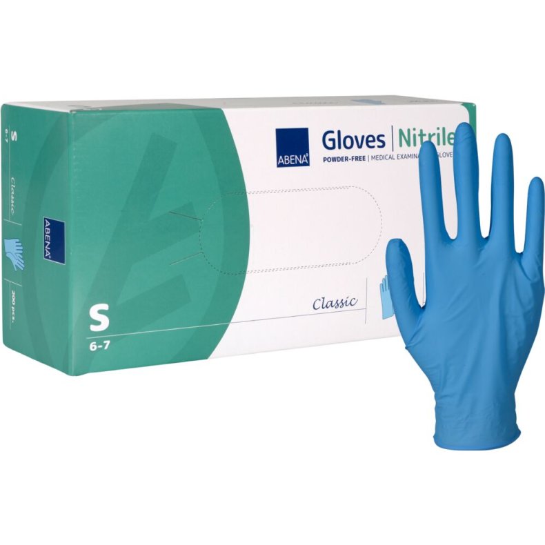 Unders�gelseshandske, ABENA Classic, S, bl�, nitril, pudderfri