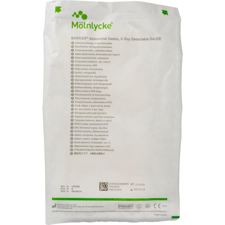 Gazekompres, M�lnlycke, 3-lags, 40x45cm, hvid, med r�ntgentr�d, steril *Denne vare tages ikke retur*