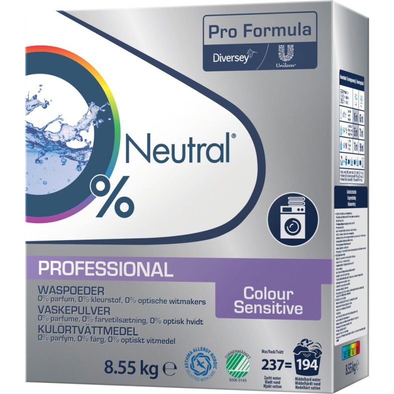 Vaskepulver, Neutral Professional, kul�rt, uden farve og parfume, 8,55 kg