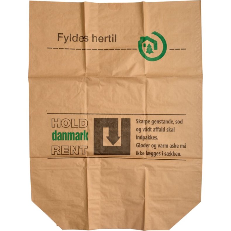 Papirs�k, 1-lags, 110 l, brun, papir, 70x95+25cm, v�dst�rk, p�trykt ''Hold Danmark Rent''