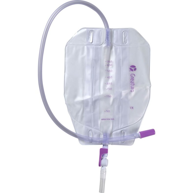 Urinpose, benpose, Greaturo, 60cm, 750 ml, flerkammer, DV/NRV, NW bagside, justerbar slange, nattilkobling