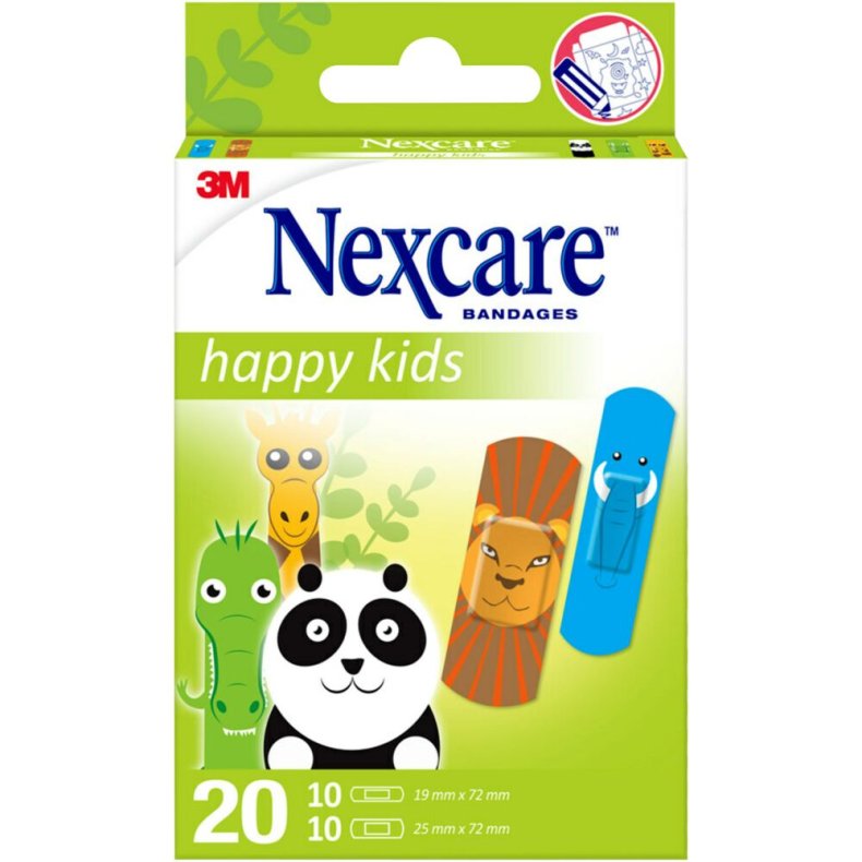 B�rneplaster, Nexcare Happy Kids, 2 st�rrelser, assorteret, hypoallergent, engangs