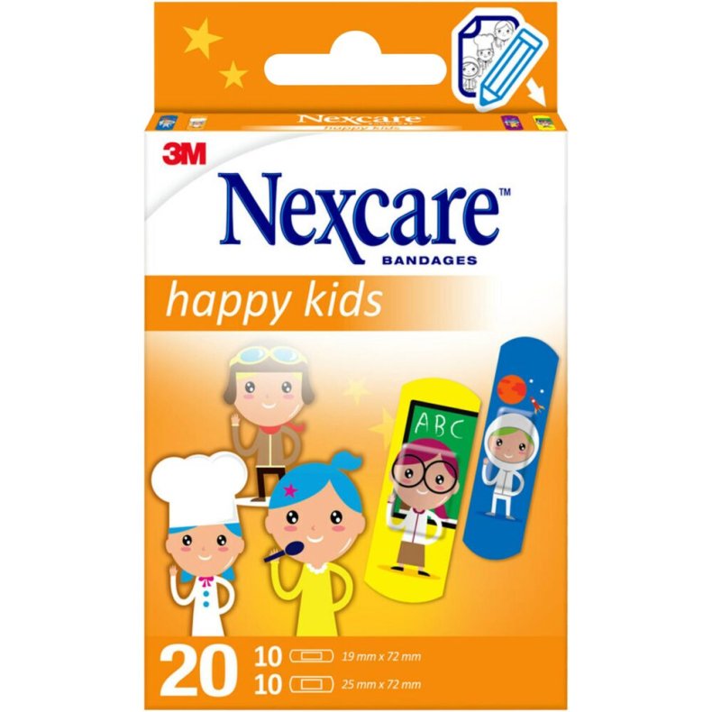 B�rneplaster, Nexcare Happy Kids, 2 st�rrelser, assorteret, hypoallergent, engangs