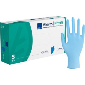 Unders�gelseshandske, ABENA Classic, S, bl�, nitril, pudderfri