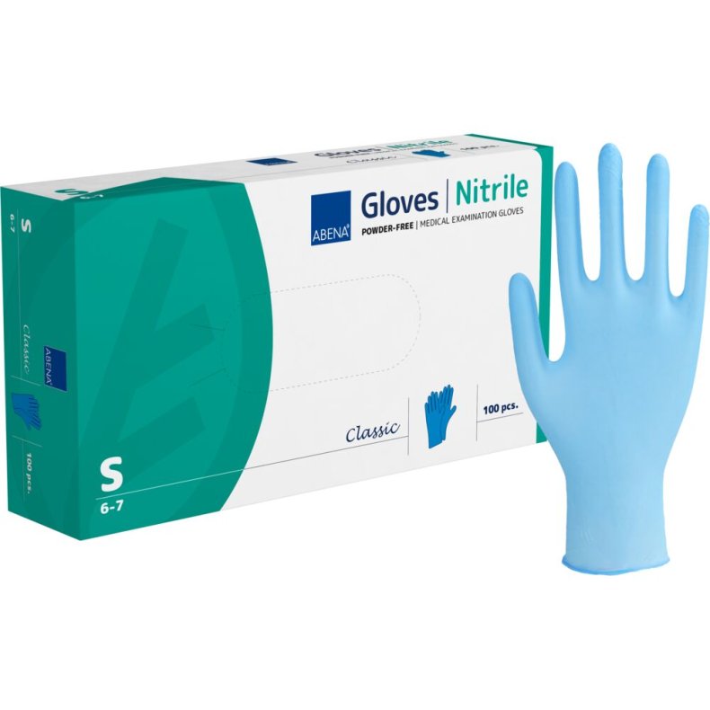 Unders�gelseshandske, ABENA Classic, S, bl�, nitril, pudderfri