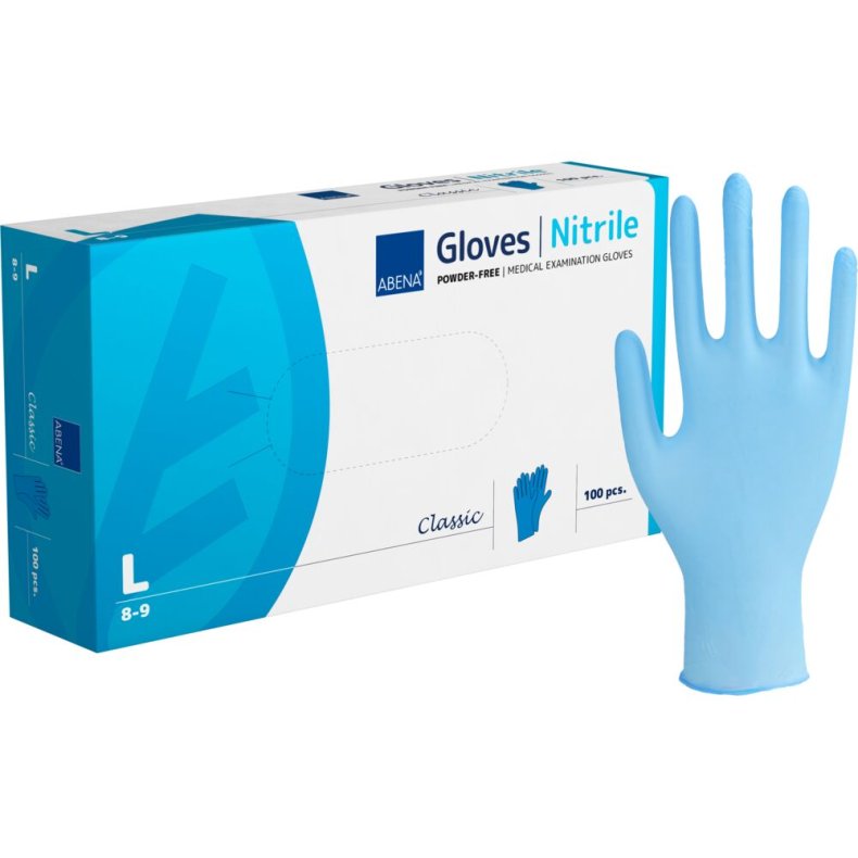 Unders�gelseshandske, ABENA Classic, L, bl�, nitril, pudderfri