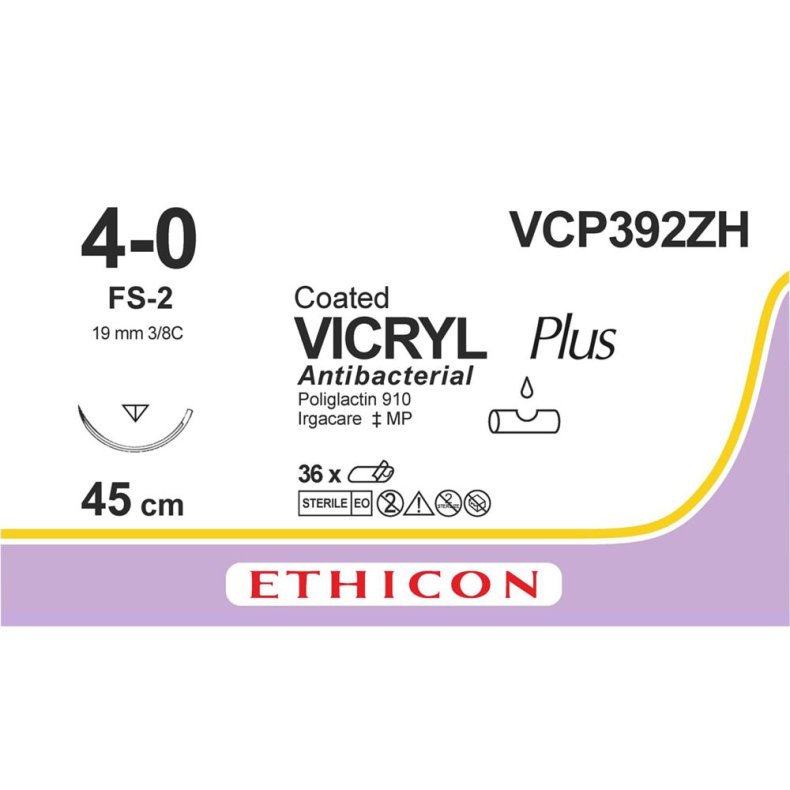 Sutur, Vicryl Plus, 45cm, violet, 4-0, FS-2 n�l, steril, VCP392ZH *Denne vare tages ikke retur*