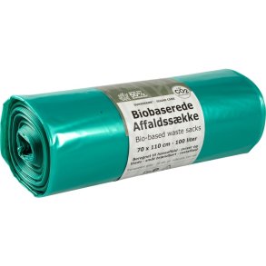 S�kke, biobaserede, 100 l, transparent gr�n, LDPE/sukkerr�r, 70x110cm, 51% Gr�n PE + 49% Virgin LDPE