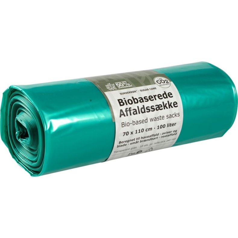 S�kke, biobaserede, 100 l, transparent gr�n, LDPE/sukkerr�r, 70x110cm, 51% Gr�n PE + 49% Virgin LDPE