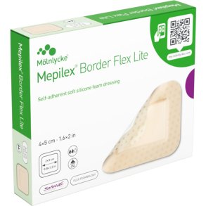 Skumbandage, Mepilex Border Flex Lite, 4x5cm, m/silikonekontaktlag og silikonekl�b, latexfri, steril, engangs *Denne vare tages ikke retur*