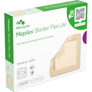 Skumbandage, Mepilex Border Flex Lite, 7,5x7,5cm, m/silikonekontaktlag og silikonekl�b, latexfri, steril, engangs *Denne vare tages ikke retur*
