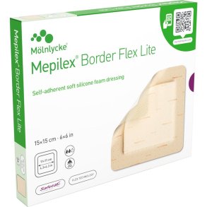 Skumbandage, Mepilex Border Flex Lite, 15x15cm, m/silikonekontaktlag og silikonekl�b, latexfri, steril, engangs *Denne vare tages ikke retur*